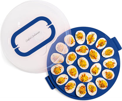 Deviled Egg Containers with Lid & Handles, 22-Count Portable Carrier, Dishwasher Safe Tray, Refrigerator Storage, High-Capacity Trays Deviled Egg Holder - Blue