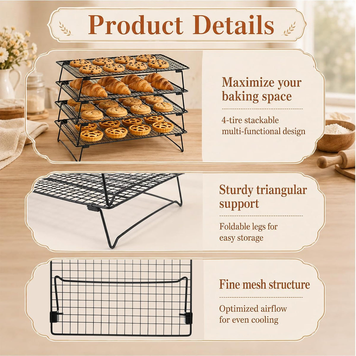 4 Pack Stackable Cooling Rack Set 4 Tier 17"x11" Roasting Rack