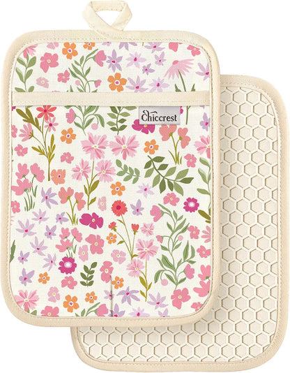 100% Cotton Potholders Textured Soft Silicone Grip Daisy Gingham