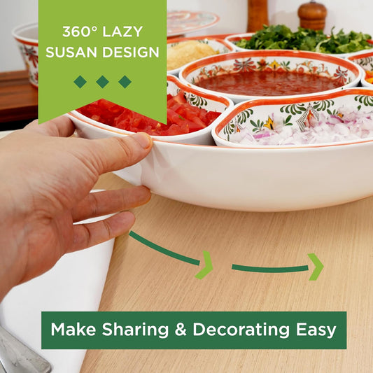 TP Taco Bar Serving Set, Melamine Serving Platter with Lazy Susan, Serving Tray and Bowls, Taco Tuesday Kit Snack Holder for Party and Fiesta, White
