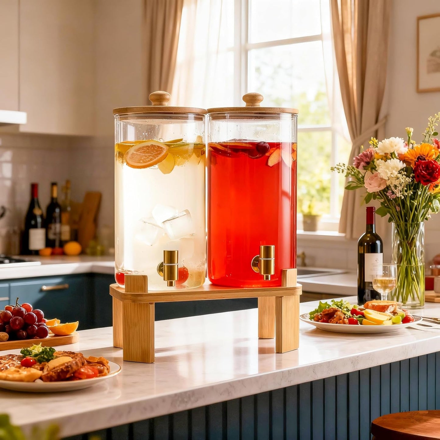 1.5 Gallon 2 Pack Glass Drink dispenser for parties,Beverage Dispenser With Wood Stand,Water Dispensers with spigot,lemonade dispenser,juice containers & water pitcher with lid