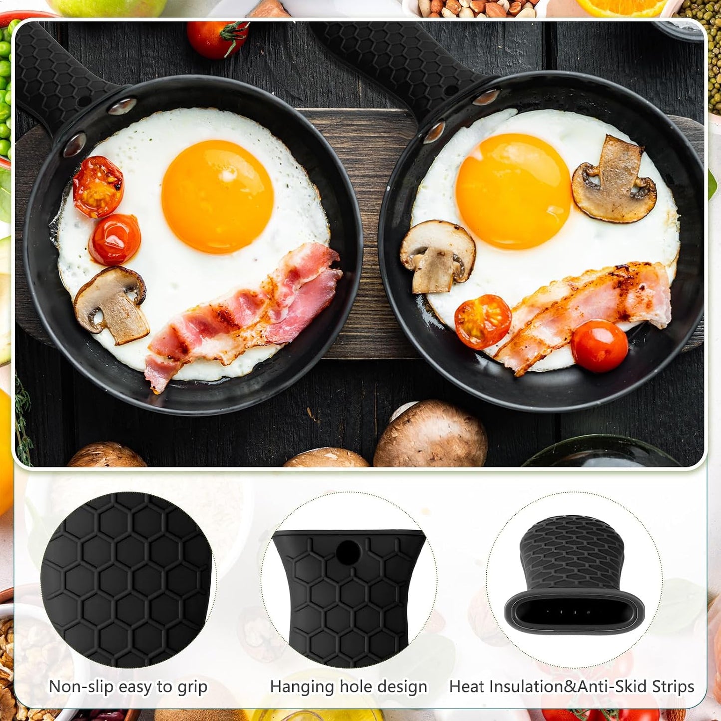 Patelai 2pcs Silicone Handle Cover for Cast Iron Skillet Kitchen Silicone Handles for Pots and Pans Non-Slip Pot Holder Sleeve for Fry Pan Griddles Metal Aluminum Cookware(Black)