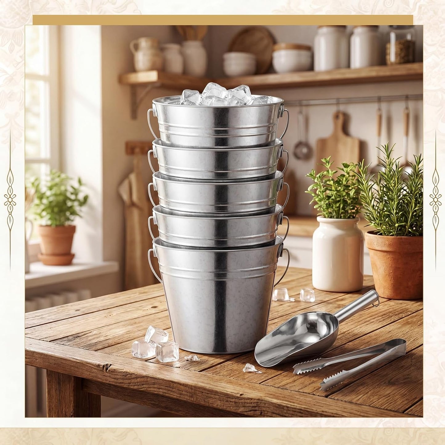 Zopeal 12 Pcs Galvanized Beer Bucket Set, Includes 8 Metal Ice Buckets 5qt with 2 Scoops & 2 Tongs, Round Slive Pails Bulk for Weddings Birthday Beach Pool Party Supplies Summer Table Centerpieces