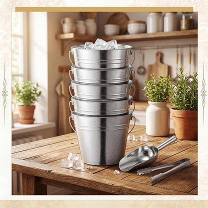 Zopeal 12 Pcs Galvanized Beer Bucket Set, Includes 8 Metal Ice Buckets 5qt with 2 Scoops & 2 Tongs, Round Slive Pails Bulk for Weddings Birthday Beach Pool Party Supplies Summer Table Centerpieces