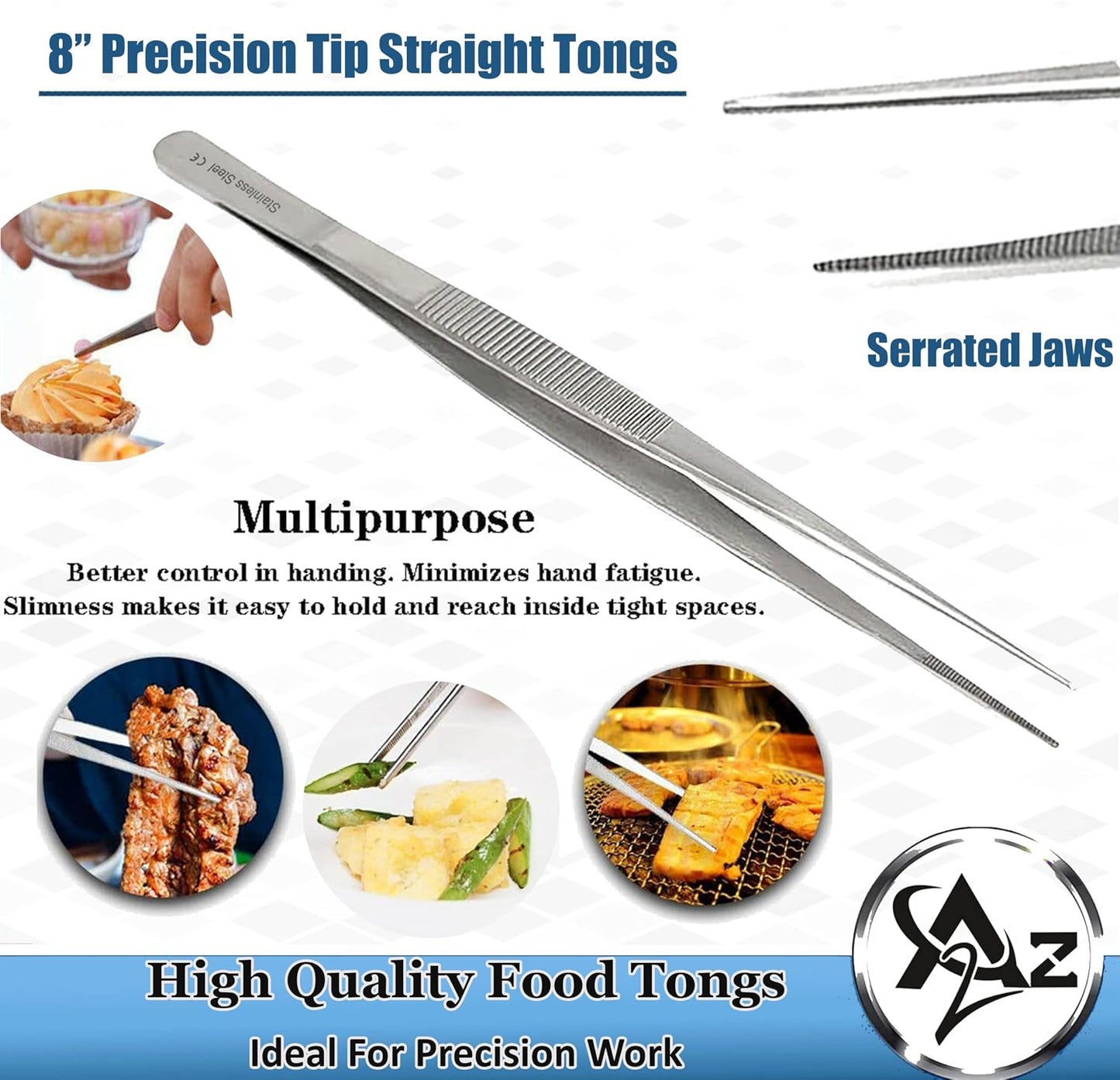 6 Inch Professional Culinary Stainless Steel Precision Tongs with Serrated Tips, Plating/Food Presentation Detailing Serving Tongs, Chef's Kitchen Tweezer Tongs - Ultra Non-Slip Grip