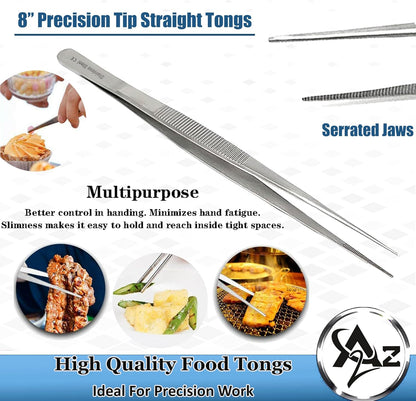 6 Inch Professional Culinary Stainless Steel Precision Tongs with Serrated Tips, Plating/Food Presentation Detailing Serving Tongs, Chef's Kitchen Tweezer Tongs - Ultra Non-Slip Grip