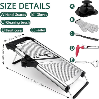 Mandoline Food Slicer for Kitchen, Adjustable Stainless Steel Mandoline Vegetable Slicer, Onion/Potato Slicer/French Fry Cutter, 6-Piece Fruit & Vegetable Cutting Set (Black/Silver)