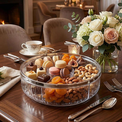 Yajuyi Divided Serving Tray Snack Dishes Dessert Plate Rotating Serving Platter Dish Clear Visibility Lid Suitable for Entertaining Living Room, Rose Golden Bow