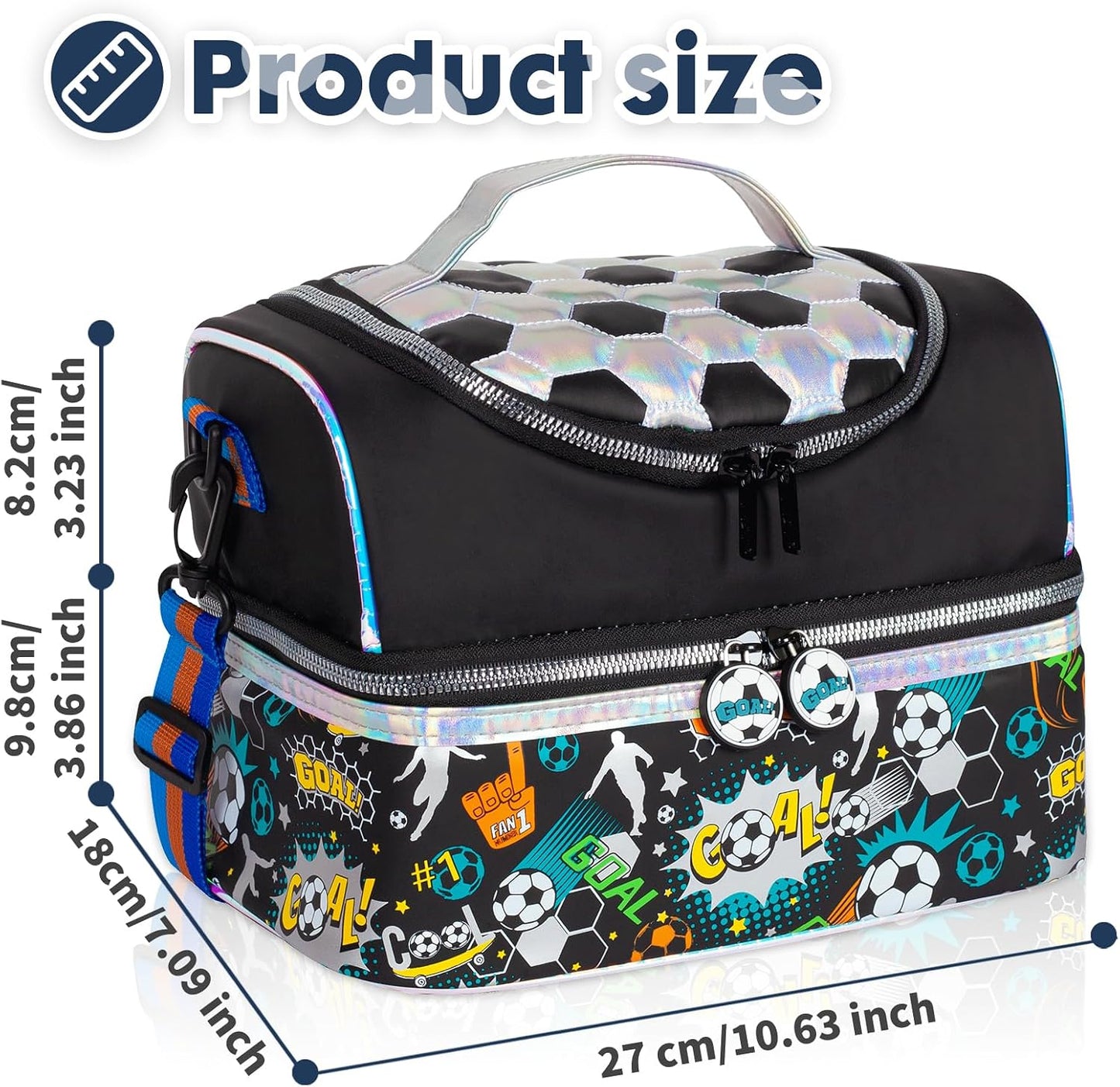Kids Double Decker Cooler Insulated Lunch Bag, Back to School Large Meal Tote for Boys, Girls, Men, Women, with Adjustable Strap, Soccer