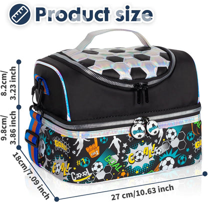 Kids Double Decker Cooler Insulated Lunch Bag, Back to School Large Meal Tote for Boys, Girls, Men, Women, with Adjustable Strap, Soccer