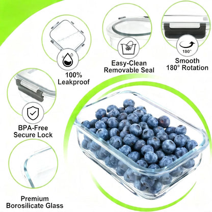 Glass Food Storage Containers with Lids, Compartment Meal Prep Containers, Airtight Leak Proof, Oven and Freezer Safe, Rectangular