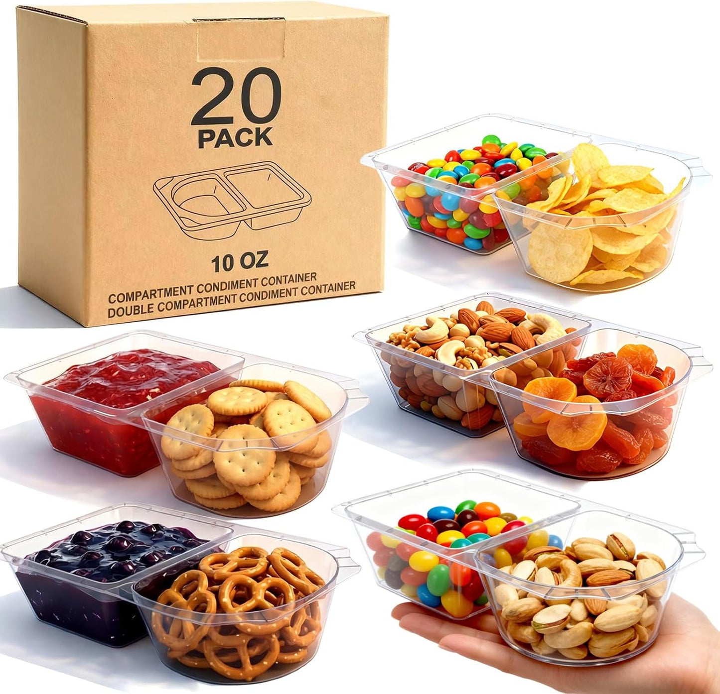 10 OZ New Snack Pack Containers &Reusable Snack Containers with Lids-Double Compartment Meal Prep Containers,Compartment Condiment Containers,Perfect for Bulk Meal Prep & On-the-Go (20 Sets)