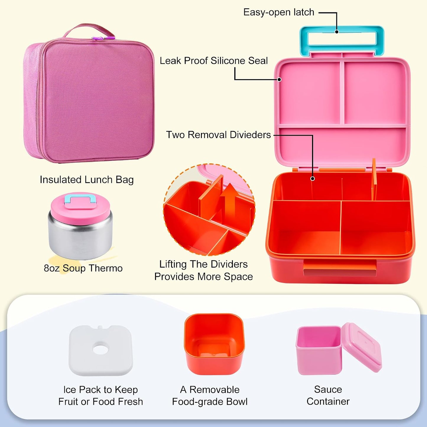 Bento Lunch Box for Kids with Thermo, Leakproof Bento Box with 8oz Insulated Food Jar, Insulated Bottle, Lunch Bag, BPA Free Dishwasher Safe 4 Compartment Container for School Girls Boys (Pink)