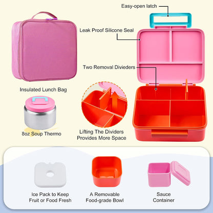 Bento Lunch Box for Kids with Thermo, Leakproof Bento Box with 8oz Insulated Food Jar, Insulated Bottle, Lunch Bag, BPA Free Dishwasher Safe 4 Compartment Container for School Girls Boys (Pink)