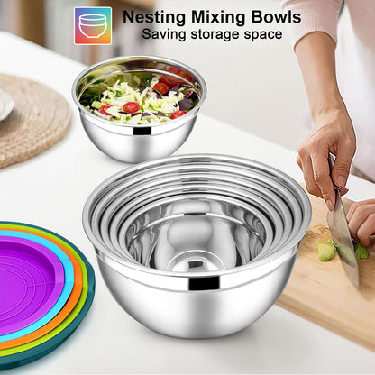 E-far Stainless Steel Mixing Bowls with Lids Set, 5-Piece Nesting Salad Bowls with 3 Grater Attachments and Non-Slip Bottoms, Size 4.6, 2.6, 2, 1.5, 1QT for Kitchen (Khaki)