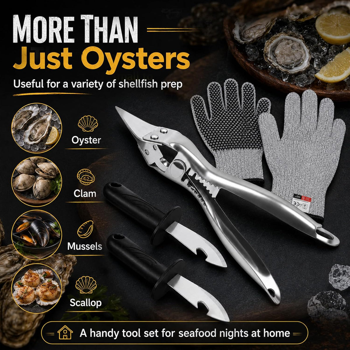 Oyster Shucker Machine Kit with 2 Knives & Cut-Resistant Gloves