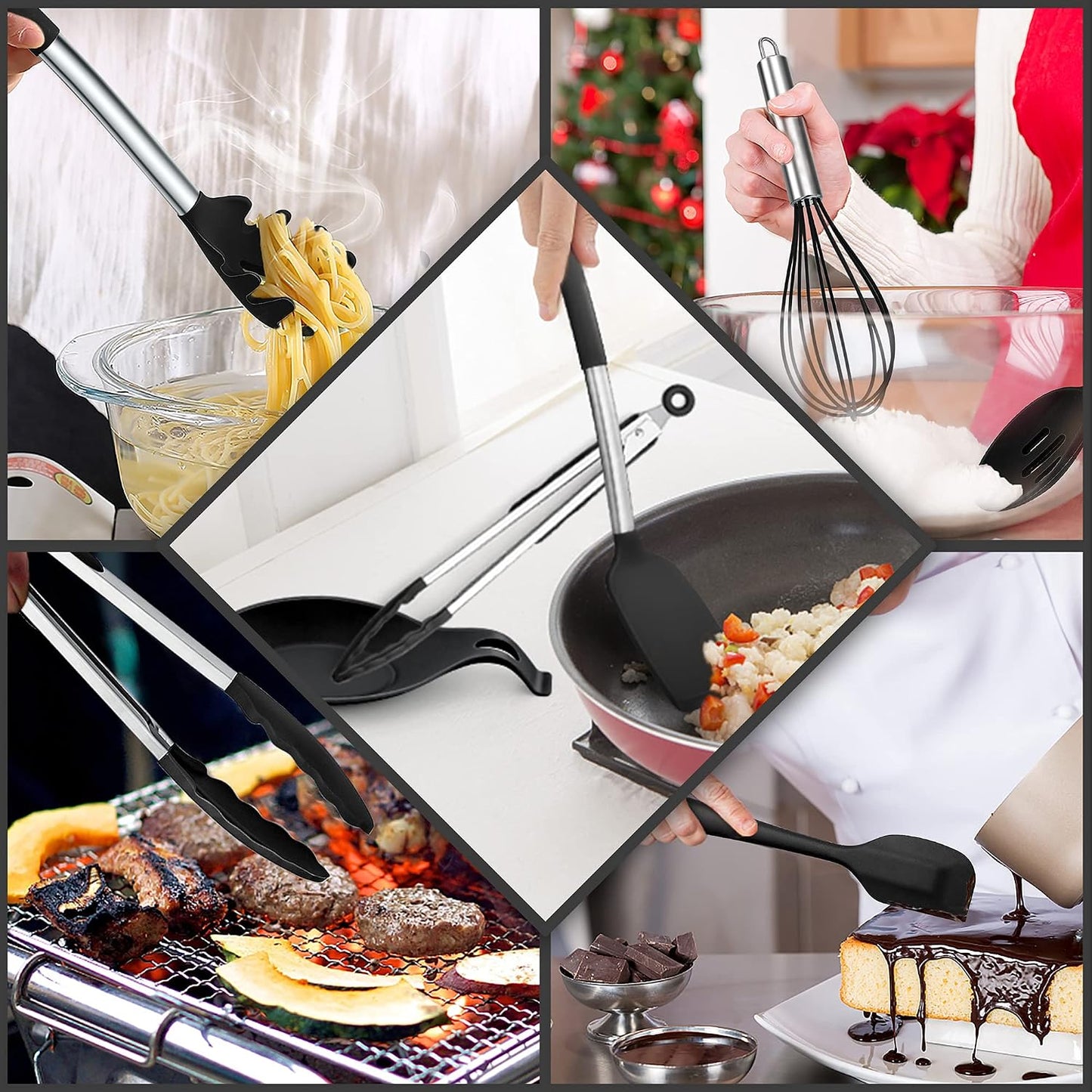 E-far Silicone Cooking Utensils Set, 7 Pcs Heat Resistant Kitchen Utensils with Stainless Steel Handle, Slotted Turner, Spoon, Soup Ladle, Pasta Server, Skimmer, Tongs for Nonstick Cookware, Black