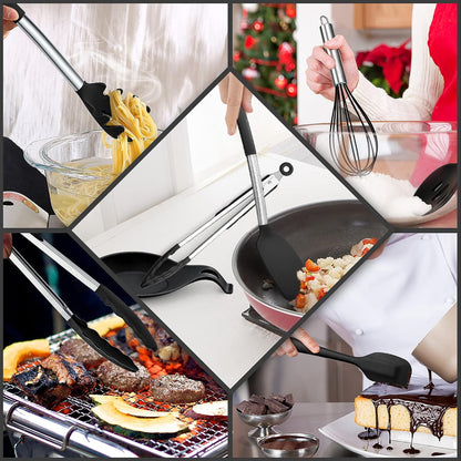 E-far Silicone Cooking Utensils Set, 7 Pcs Heat Resistant Kitchen Utensils with Stainless Steel Handle, Slotted Turner, Spoon, Soup Ladle, Pasta Server, Skimmer, Tongs for Nonstick Cookware, Black