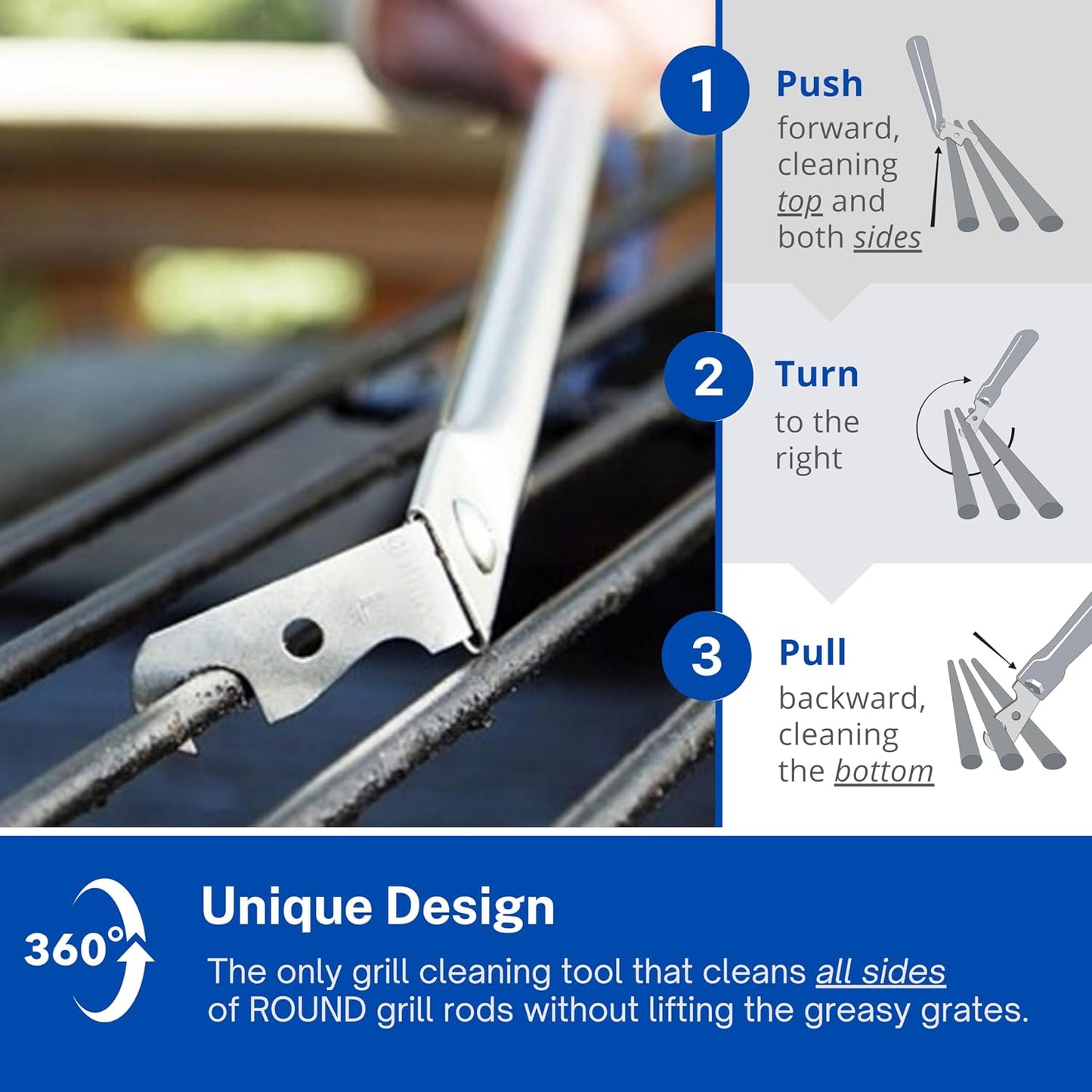 Grill Floss Premium Grill Scraper for Outdoor Grill with Round Grates - Bristle Free Grill Brush for Outdoor Grill - BBQ Grill Grate Cleaner Cleans Top and Bottom of Grill Without Lifting Grates