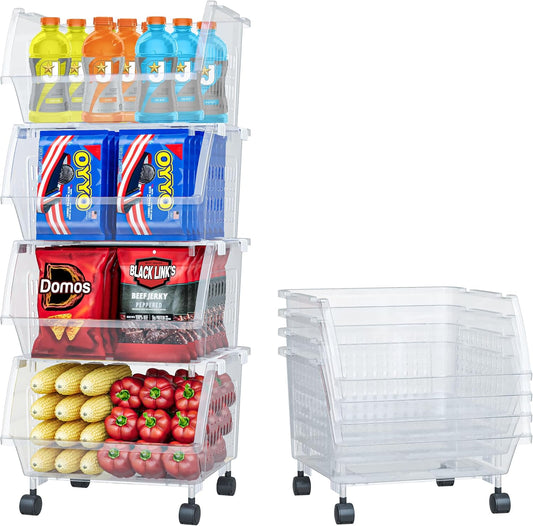 Large Stackable Storage Bins Open Front with Wheels, 4 Pack - Clear | Easy Assembly, Sturdy Plastic, Open Front Access, Smooth Rolling Wheels, Stackable, Large Capacity Storage