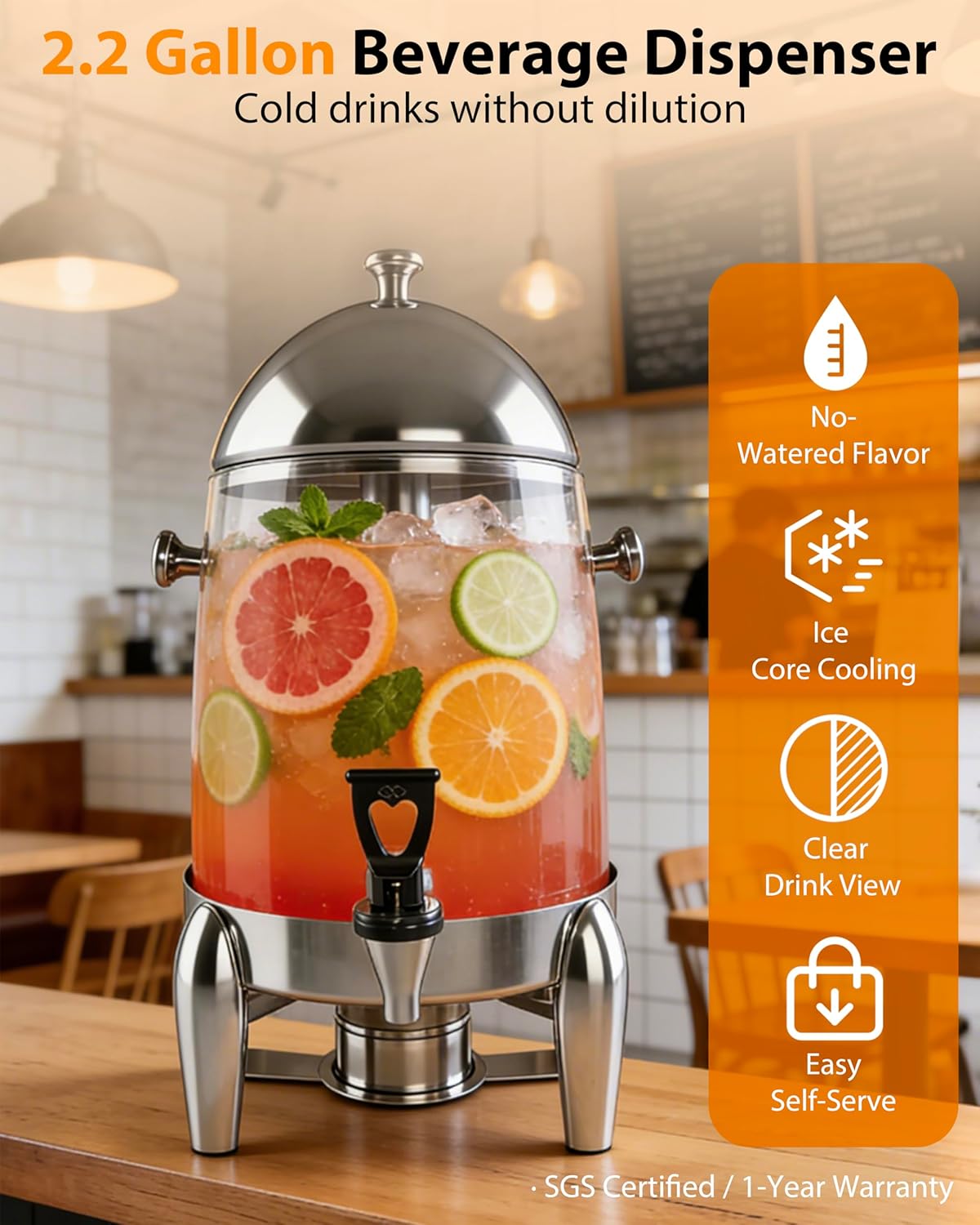 Beverage Dispenser with Stand, 3 Gallon Drink Dispenser for Parties,Events,Buffet &Self-Serve,Dual Ice Tube Core Fruit Infuser,Leakproof Spigot,Clear PC Container, Stainless Steel Lid&Base