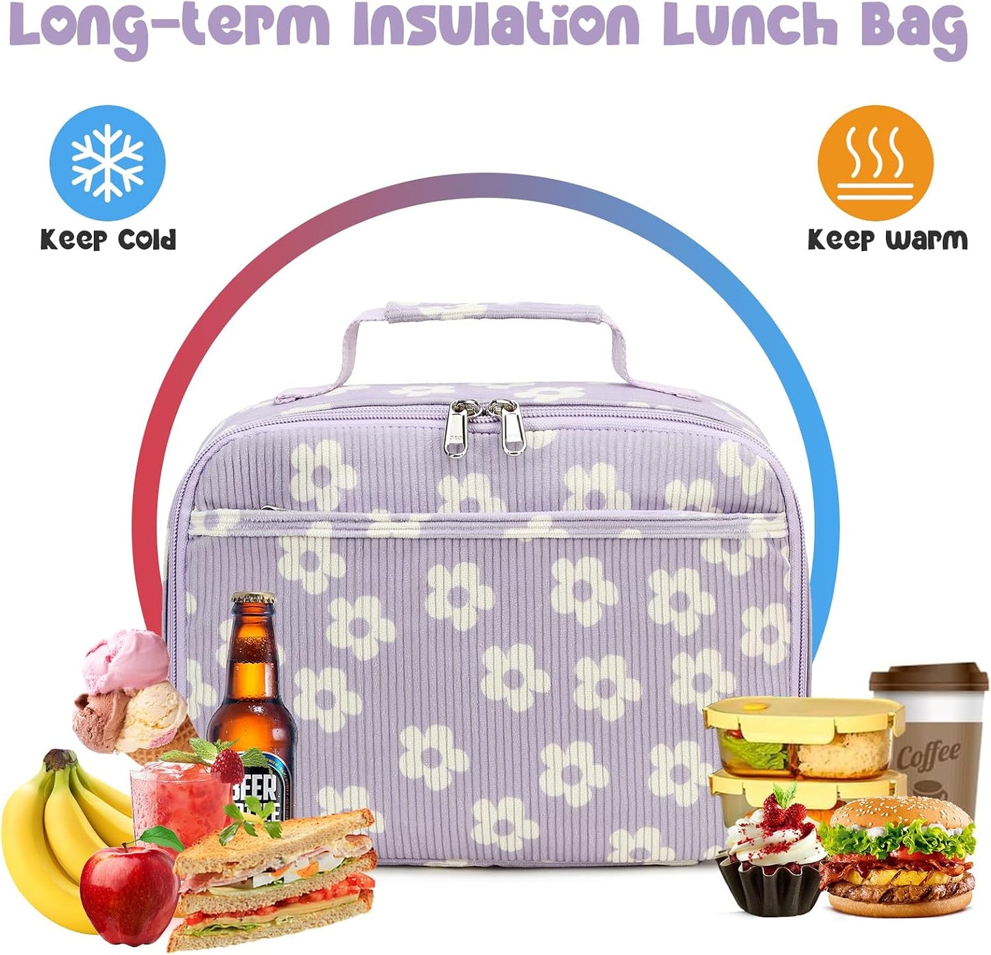 Bluboon Insulated Lunch Bag for Girls & Boys, Corduroy School Lunch Box with Cooler & Organizer Compartments, Leak-Proof Lunch Tote for School, Travel (Corduroy Strawberries Beige)