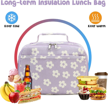 Bluboon Insulated Lunch Bag for Girls & Boys, Corduroy School Lunch Box with Cooler & Organizer Compartments, Leak-Proof Lunch Tote for School, Travel (Corduroy Strawberries Beige)