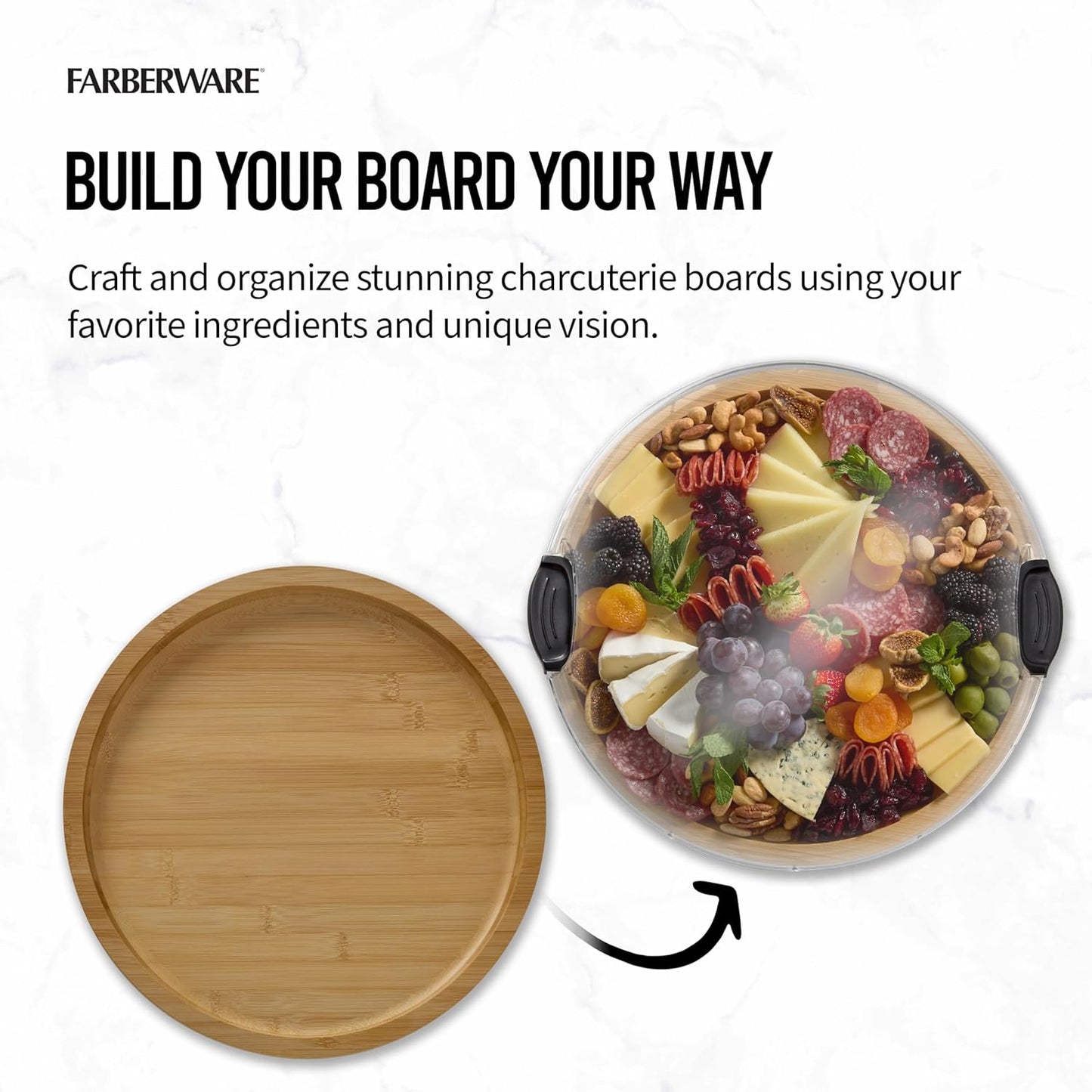 FARBERWARE Build-a-Board Cutting Board with Lazy Susan Turntable, Five Compartments, and Clear Locking Lid for Charcuterie, Snacks, and More, Acacia