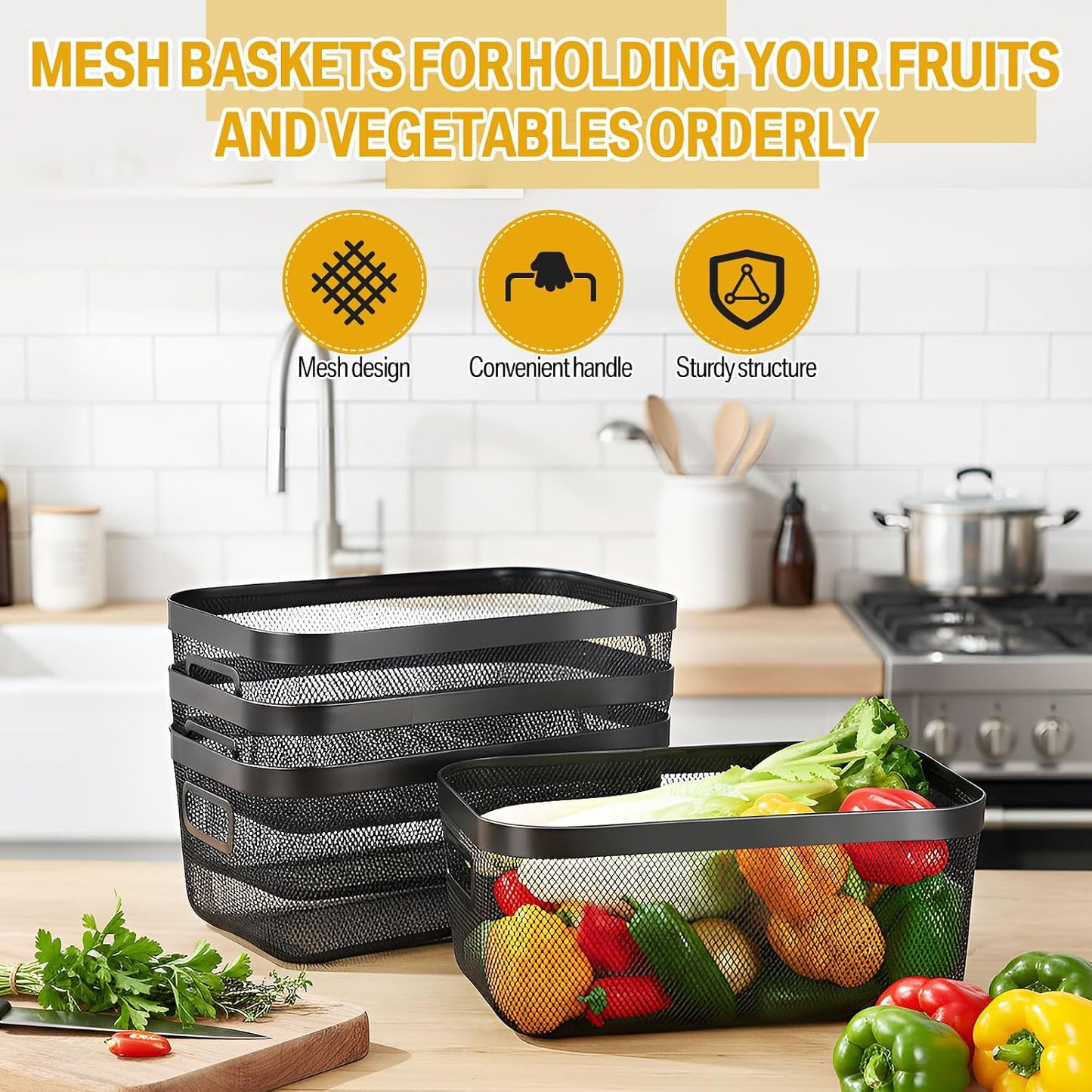 MorningRo 6 Pack Metal Mesh Basket with Hollow Handles Black Wire Storage Bin for Organizing Stackable Metal Fine Mesh Basket for Pantry Bathroom Kitchen Cabinets Shelves (Medium)