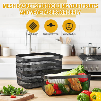 MorningRo 6 Pack Metal Mesh Basket with Hollow Handles Black Wire Storage Bin for Organizing Stackable Metal Fine Mesh Basket for Pantry Bathroom Kitchen Cabinets Shelves (Medium)