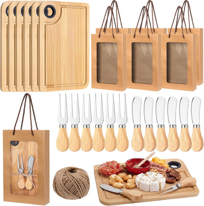 LemonRoad 6 Set Bridal Shower Favors Bamboo Cheese Board Charcuterie Board Gift Set with Knives Forks Bags for Baby Shower Gifts Easter Spring Wedding Favors