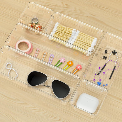 WOWBOX 6 Pack Clear Drawer Organizer Set, Acrylic Drawer Storage Trays, Storage Bins for Makeup, Cosmetics, Jewelries, Utensils, Gadgets, Office
