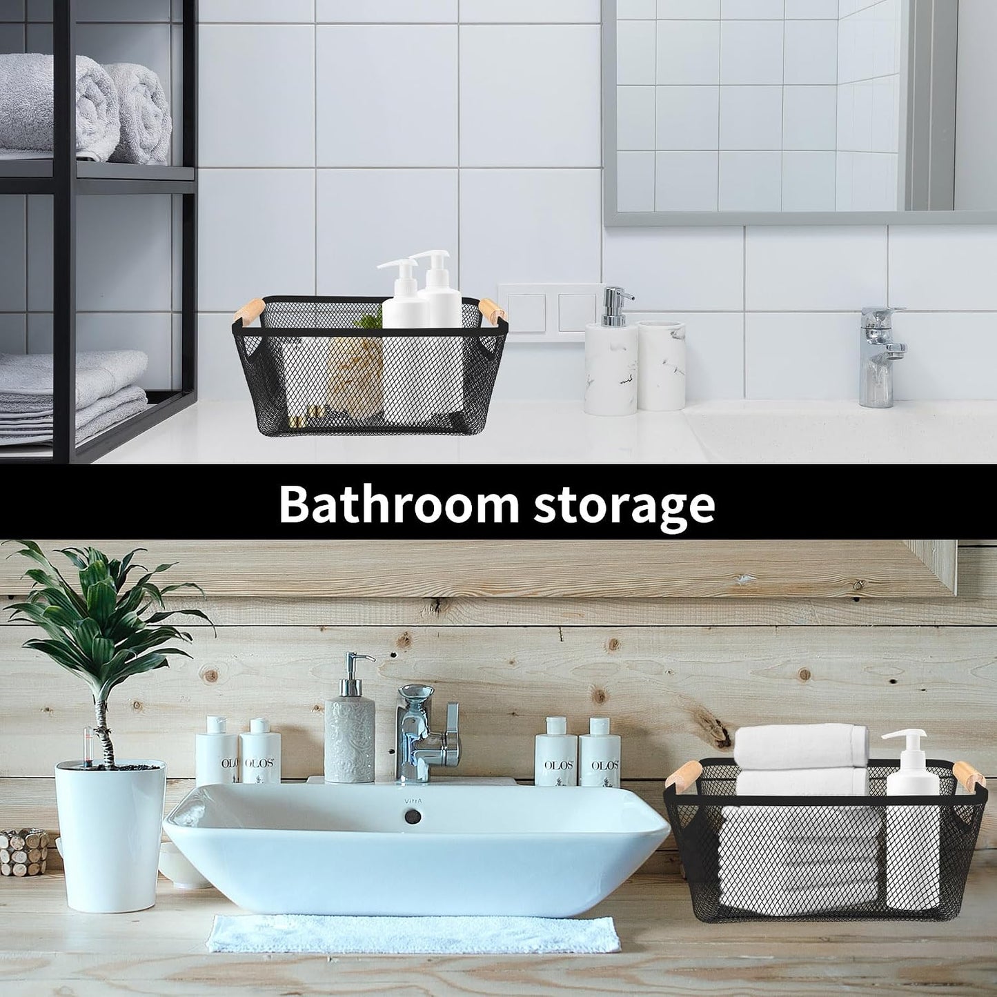 2Pack Metal Mesh Steel Basket with Bamboo Handle - Wire Metal Basket for Kitchen Organization, 12" Wide Food Organizer Bin, Perfect for Organizing Bulk Pantry (WHITE)