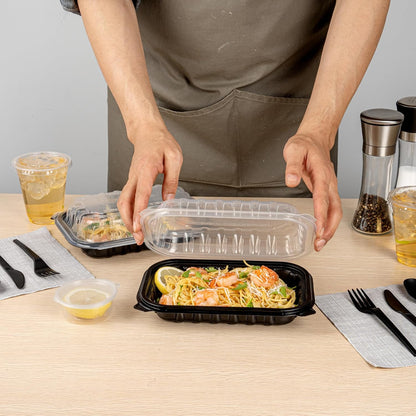 Thermo Tek 40 Ounce Clamshell Containers, 50 Disposable Take Out Boxes - 3 Compartments, Ventilated Lids, Black Plastic Meal Prep Containers, Microwavable, For Pasta Or Salads - Restaurantware