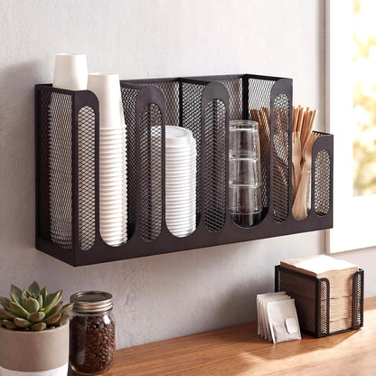 Maxcheck Metal Mesh Cup and Lid Holder Coffee Paper Cup Dispenser Lid Holder Storage Organizer Countertop or Wall Mount for Coffee Bar, Kitchen, Breakroom(4 Compartments,16.1 x 4.1 x 8 Inch)