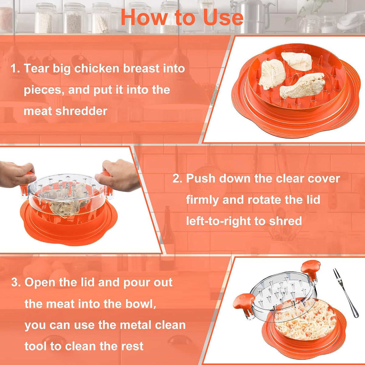 Chicken Shredder Tool Twist Large Meat Shredder with Brush&Fork, Black