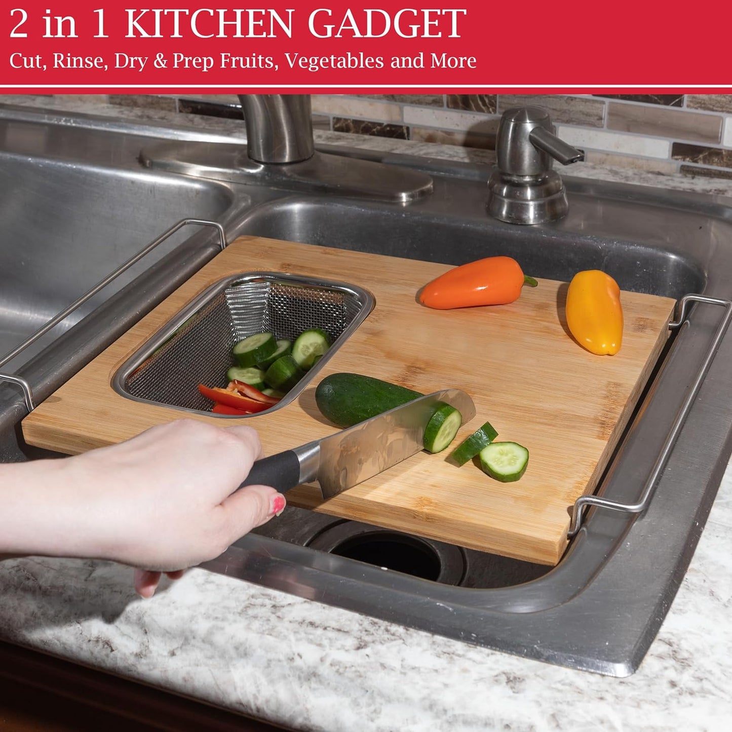 Classic Cuisine 2 in 1 Cutting Board with Strainer, Natural, 13.2” x 11.5”