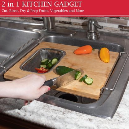 Classic Cuisine 2 in 1 Cutting Board with Strainer, Natural, 13.2” x 11.5”
