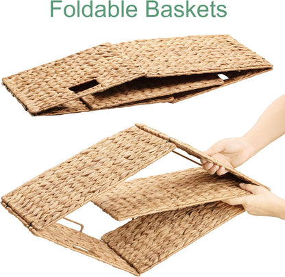 eHemco Trapezoid Woven Hyacinth Wicker Pantry Storage Baskets with Iron Wire Frame, 13.25"x9"x7/3.5", Natural, Set of 2