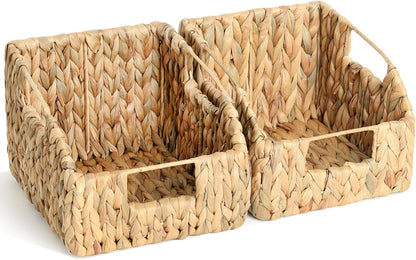 2-Pack Wicker Basket Set - Water Hyacinth Pantry Organizers and Storage w/Handles, For Home, Bedroom, Kitchen, & More - 100% Earth Friendly Woven Rattan, Simple Open Shape Decorative Baskets
