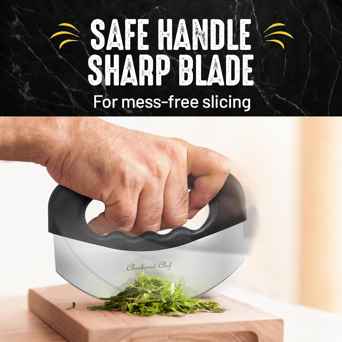 Checkered Chef Salad Chopper Tool - Mezzaluna Knife, Stainless Steel Blade