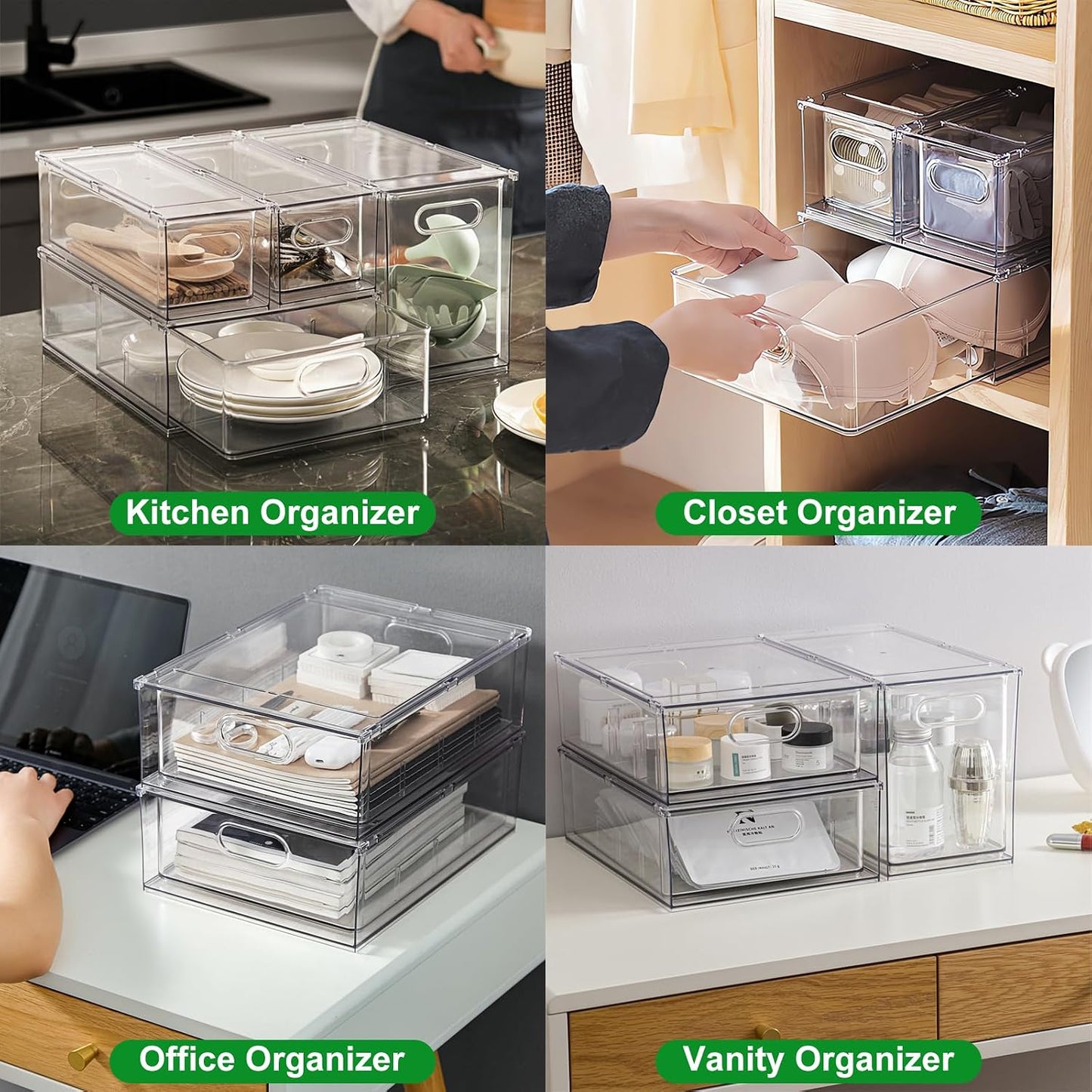 Taiuloo 2 Pack Stackable Refrigerator Organizer Bins with Pull-Out Drawer, Clear BPA-Free Food Storage Containers for Fridge Freezer, Kitchen Pantry Cabinet & Bathroom Vanity Organization