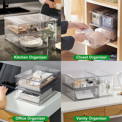 Taiuloo 2 Pack Stackable Refrigerator Organizer Bins with Pull-Out Drawer, Clear BPA-Free Food Storage Containers for Fridge Freezer, Kitchen Pantry Cabinet & Bathroom Vanity Organization