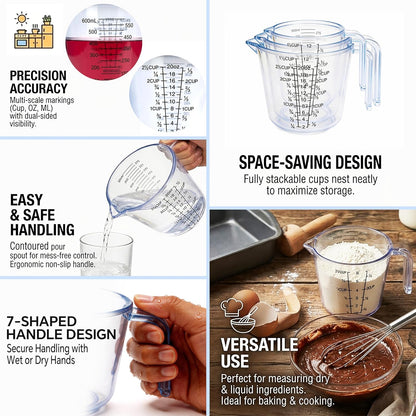 Measuring Cups Set, 3PCS with Pour Spout & Handle, Multi-Scale (cup | oz | ml) Stackable Liquid & Dry Plastic Measuring Tools for Baking Cooking, Essential Kitchen Gadgets (Coffee Brown)