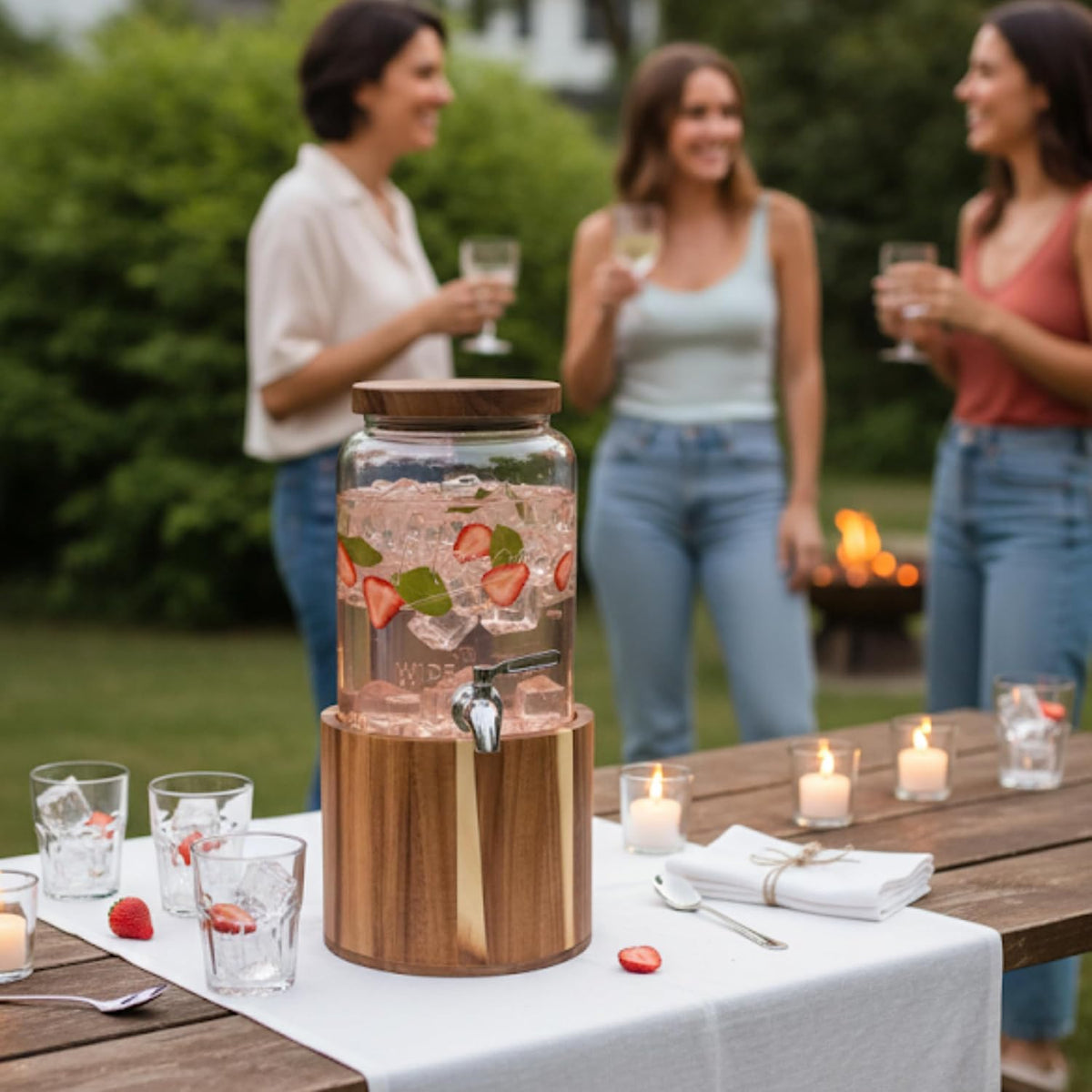1 Gallon Glass Water & Lemonade Dispenser with Wooden Lid & Stand – Mason Jar Beverage Dispenser with Stainless Steel Spigot, Measurement Marks – Drink Server for Parties, Events, Home Use