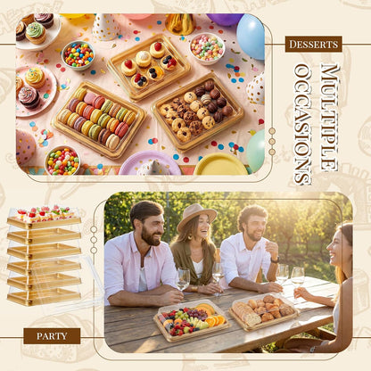 Tessco 12 Pcs Plastic Serving Trays with Lids Disposable Catering Trays 12.4 x 9.45 x 2.76 Inch Reusable Plastic Party Platters Charcuterie Board Box with Lids for Cookie Sandwich Christmas(Black)