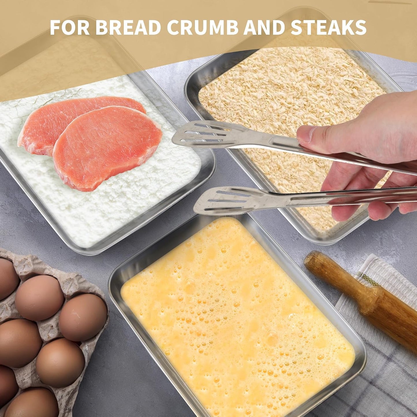 3 Set Stainless Steel Breading Trays Set with Lids,Large Breading Pans with Tong for Dredging Chicken Breasts Marinating Meat (10 x 7.8 x 1.9 inch)