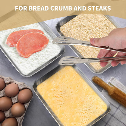 3 Set Stainless Steel Breading Trays Set with Lids,Large Breading Pans with Tong for Dredging Chicken Breasts Marinating Meat (10 x 7.8 x 1.9 inch)