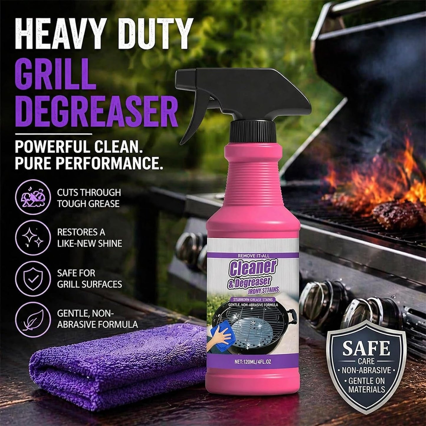 RAINPOT SAKER BBQ Grill Cleaner Spray for Outdoor Grills - Safe Heavy Duty Cleaner for Burnt Food & Grease, Kitchen Cleaner for Stubborn Splatters, Stove Top, Grill & Drip Pans (1)