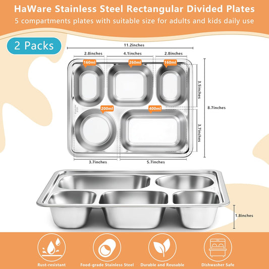 HaWare Toddler Stainless Steel Divided Plates Tray with 5-Compartment, Kids Adults Control Dinner Plates for Lunch Camping Dinner, Stackable Reusable Serving Platter, 2-Pack